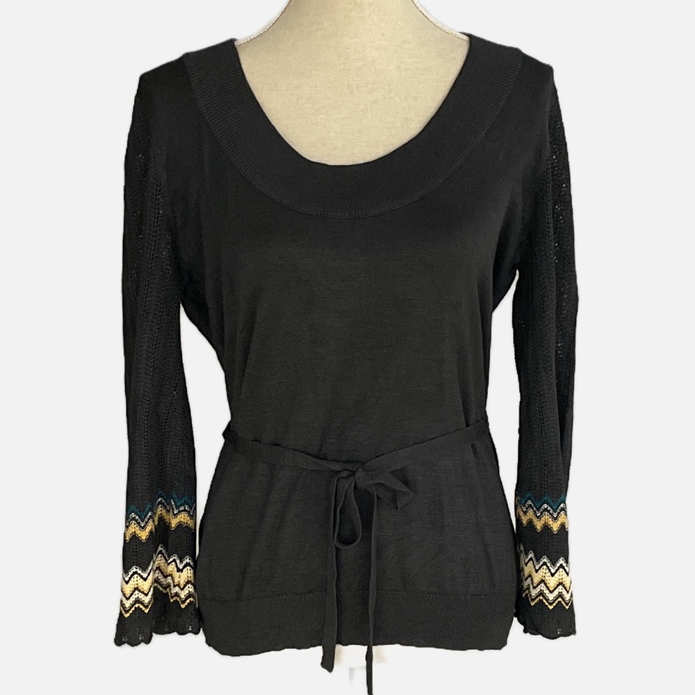 Nic + Zoe Silk Sweater Women Large Black Bell Sleeve Chevron Tie Waist Boho L